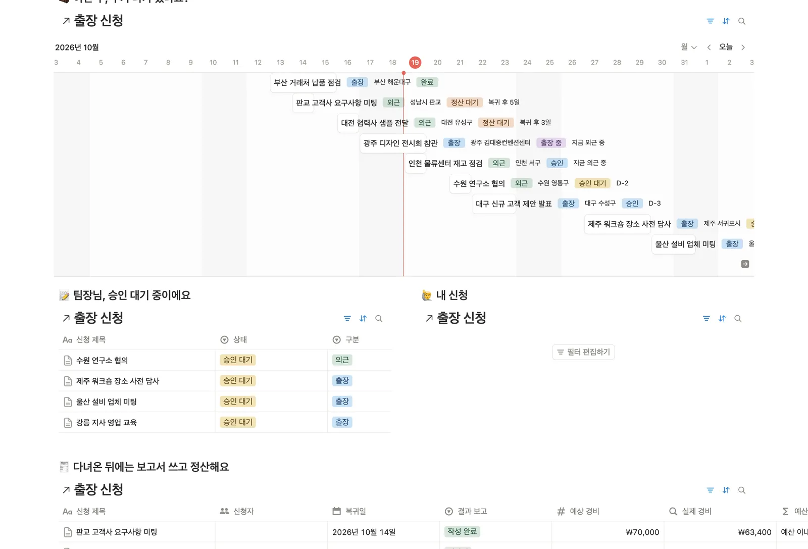 출장 신청 승인 템플릿 노션 화면 2