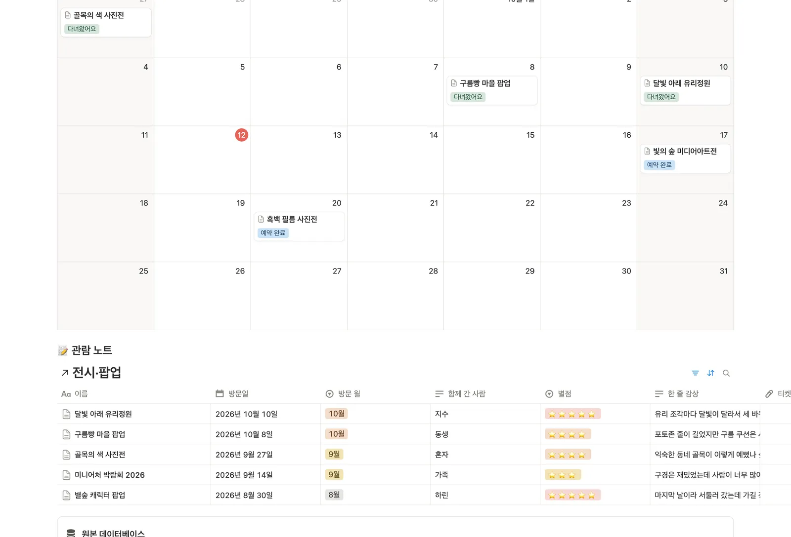 전시 팝업 관람 기록 템플릿 노션 화면 3