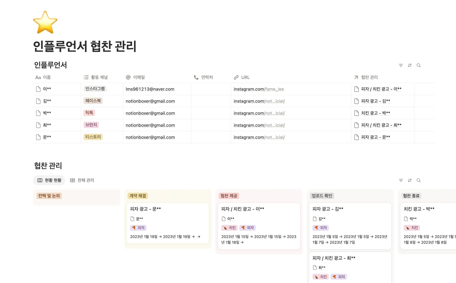 인플루언서 관리 템플릿 노션 화면 1