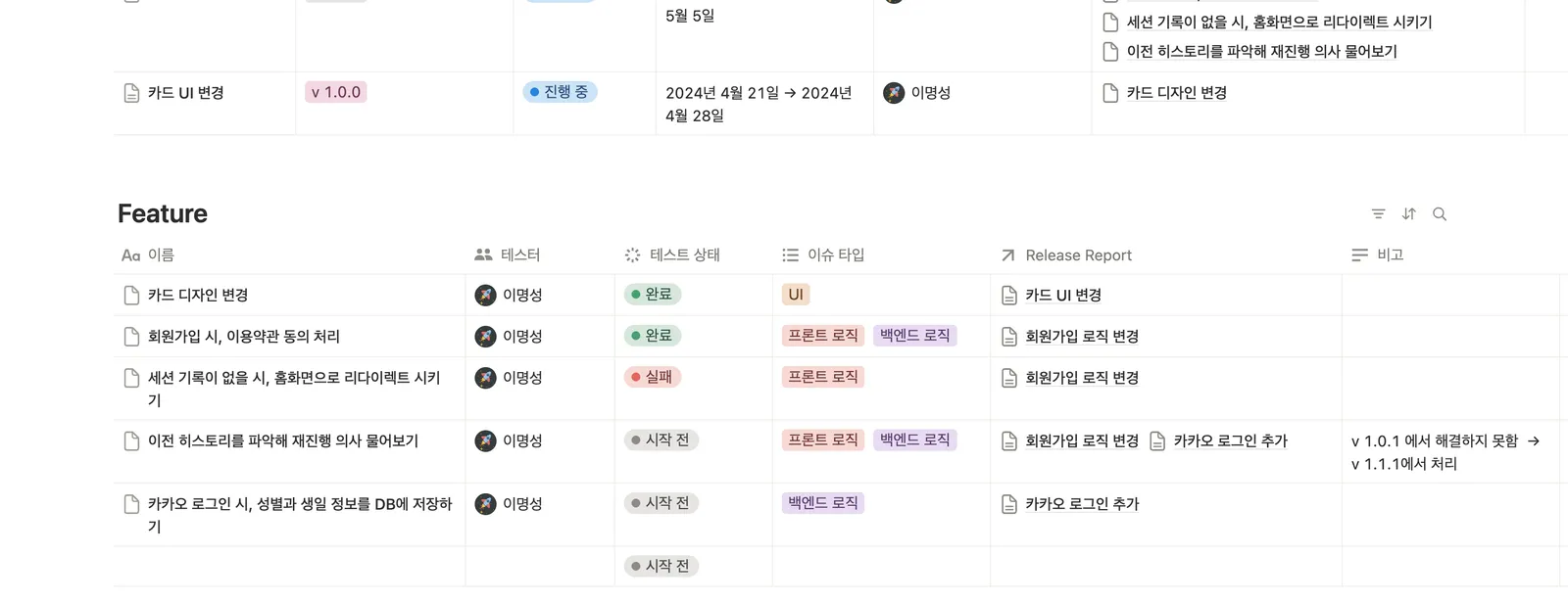 릴리즈 점검 관리 템플릿 노션 화면 2