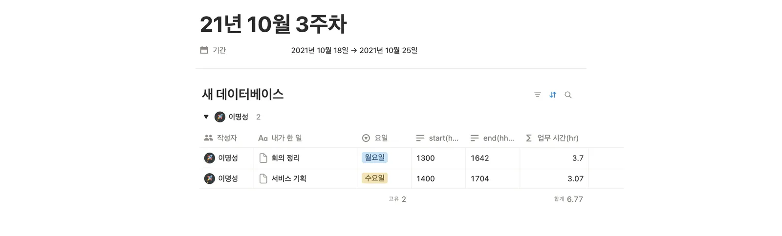 주간 근무 기록표 템플릿 노션 화면 1