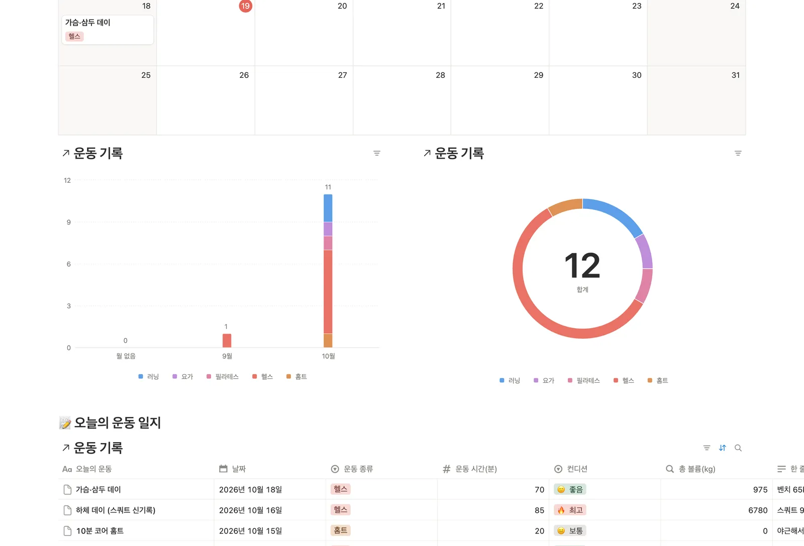 오운완 운동 기록 템플릿 노션 화면 2